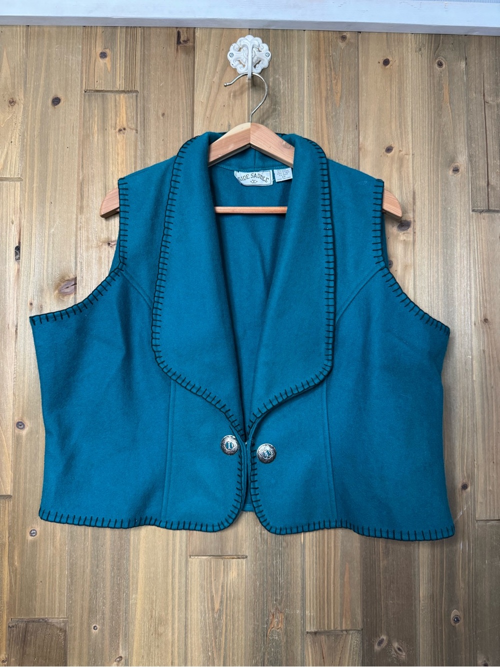 Side Saddle Wool Blend Teal Cropped Vest with Shawl Collar